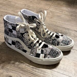 Vans High Top Checker & Floral Sneakers - Black, White, & Pink